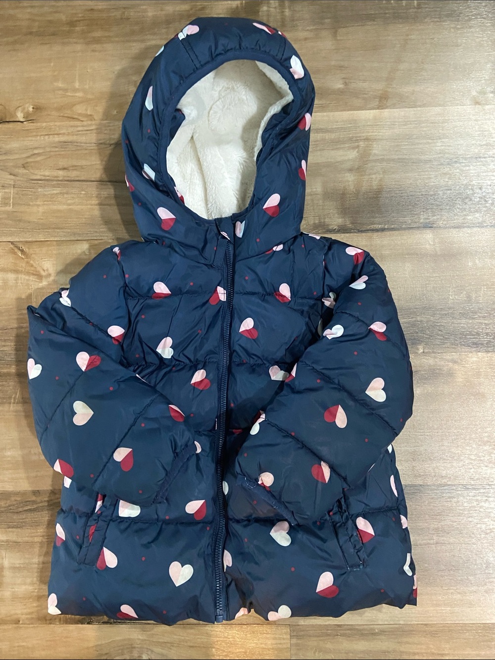 Wonder Nation Navy Hooded Puffer Jacket with Pink & White Hearts